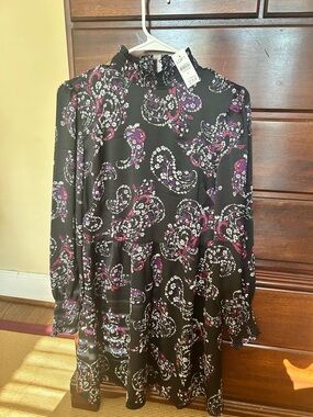 LOFT Black Paisley Long Sleeve Tiered Dress with Pink & Purple Accents